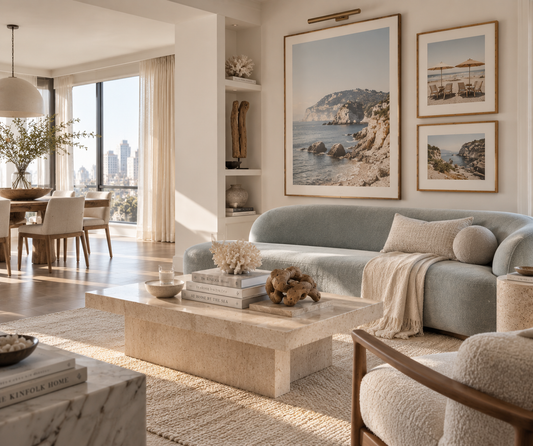 Coastal living room in soft blues and sand tones with seaside art and a light gray sofa