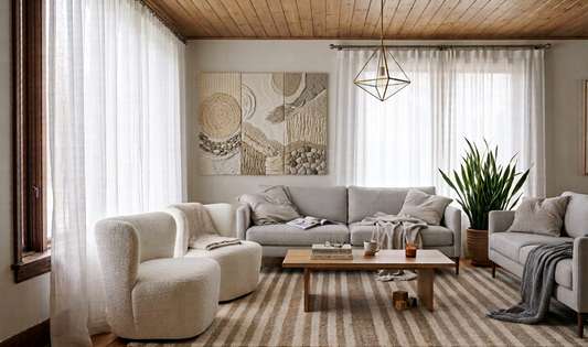 Minimalist living room with sheer white curtains, a gray sofa and a striped rug