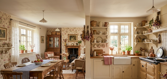 Cottagecore kitchen and dining room with open shelves and a farmhouse table