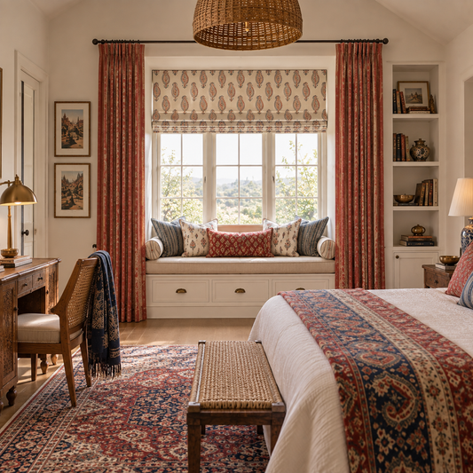 Boho bedroom with rust curtains and a patterned roman shade above a window seat