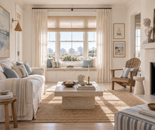 Coastal living room with sheer white curtains on a bay window above a window seat
