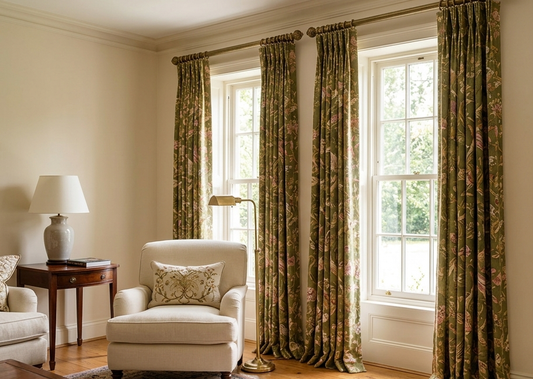 Living room with floor-length green botanical pinch pleat curtains on two sash windows and a cream armchair