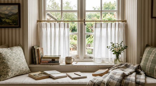 White sheer cafe curtains on a brass rod across a window above a cushioned window seat