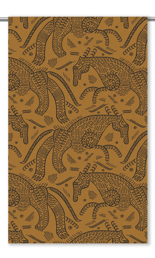 Abstract Animal Line Print Velvet Window Shades (Ochre Yellow/ Tawny Brown/ Black)