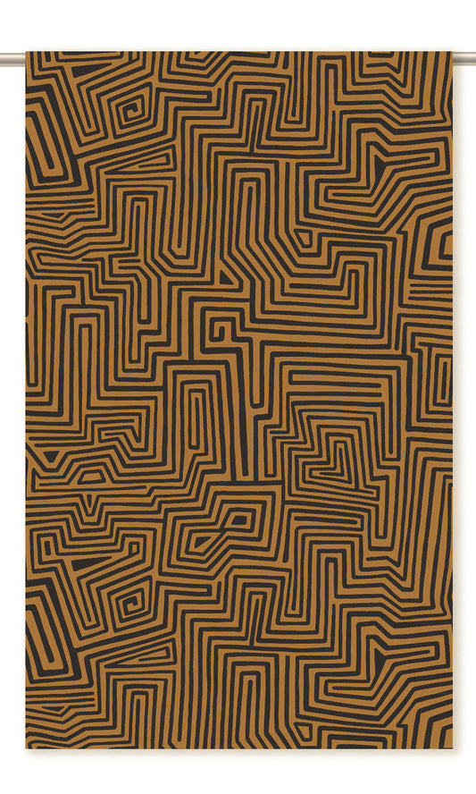 Abstract Maze Print Velvet Roman Shades (Tawny Brown/ Ochre Yellow/ Black)