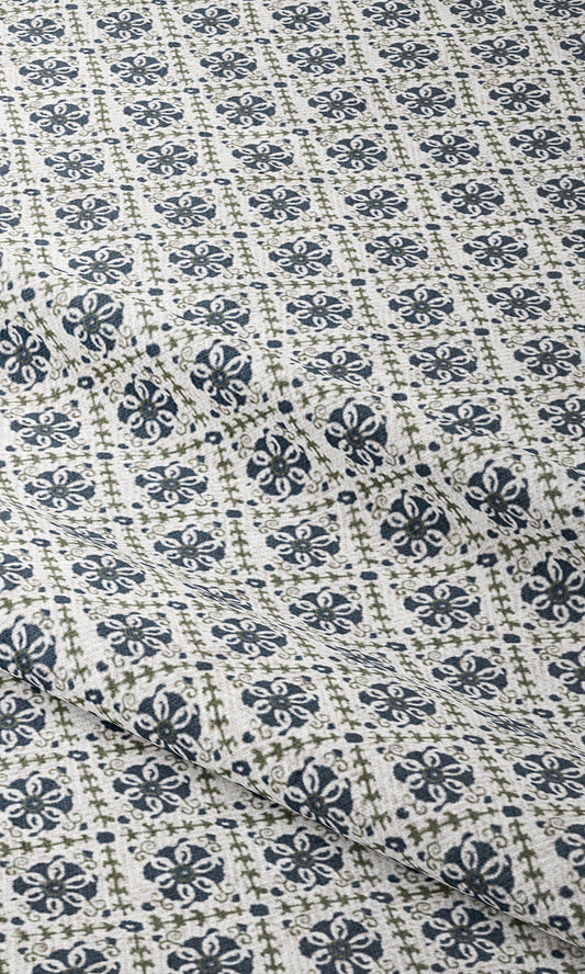 Floral Lattice Print Fabric Blinds (Navy Blue/ White)