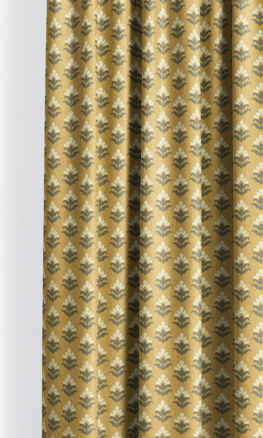 Floral Block Print Home Decor Fabric Sample (Mustard Yellow/ Gray)