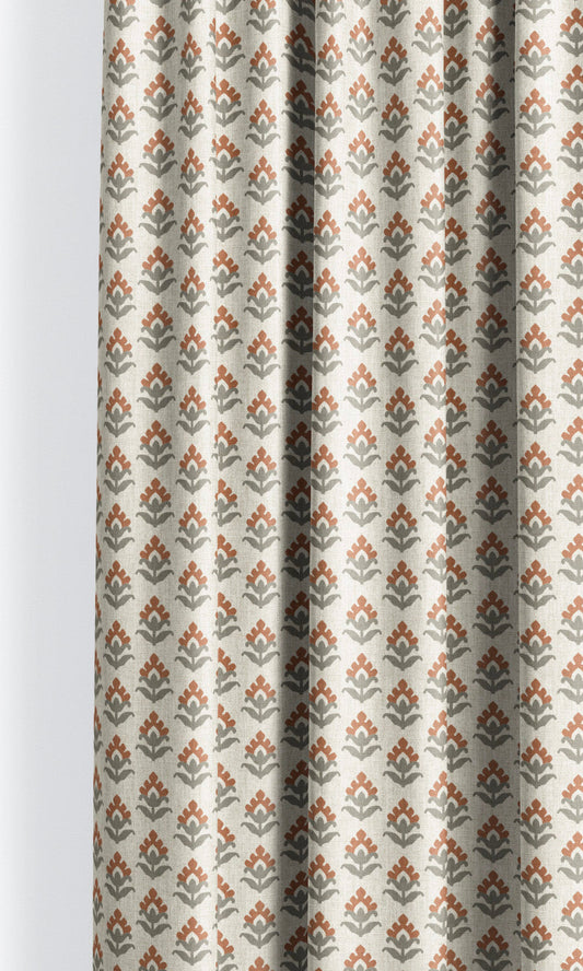 Floral Block Print Home Decor Fabric Sample (Cream/ Rust Red/ Gray)