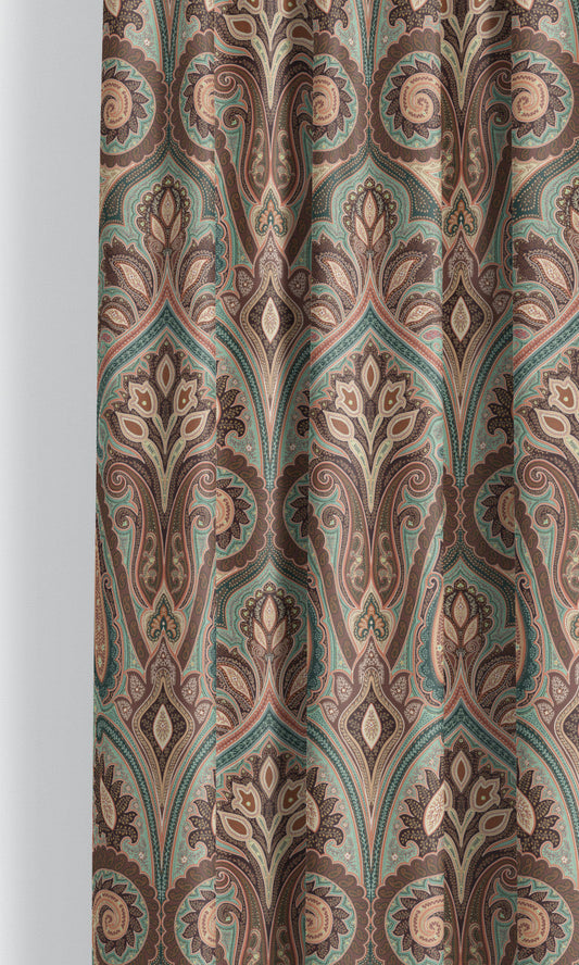 Paisley Damask Velvet Window Curtains (Mahogany Brown/ Teal Green/ Salmon Pink)