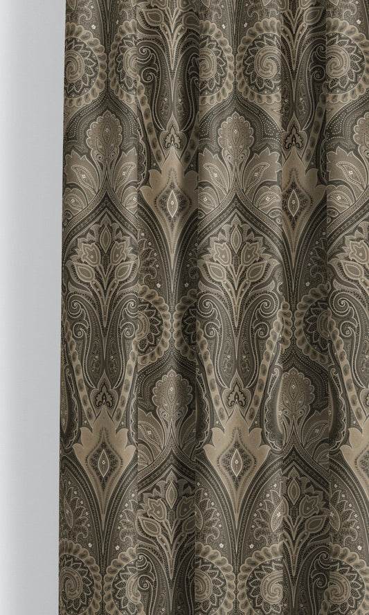 Paisley Damask Velvet Window Curtains (Dark Gray/ Greige)