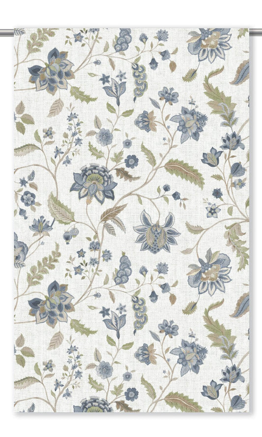 English Jacobean Floral Home Decor Fabric Sample (Cream/ Navy/ Blue/ Green)