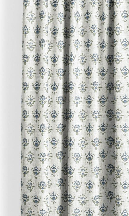 Block Print Floral Home Decor Fabric Sample (Off-White/ Navy Blue/ Green)