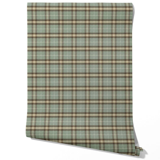 Geometric Plaid Checkered Traditional Wallpaper (Green/ Brown/ Beige)