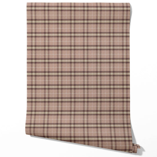 Geometric Plaid Checkered Traditional Wallpaper (Blush Rose Pink/ Brown/ Beige)