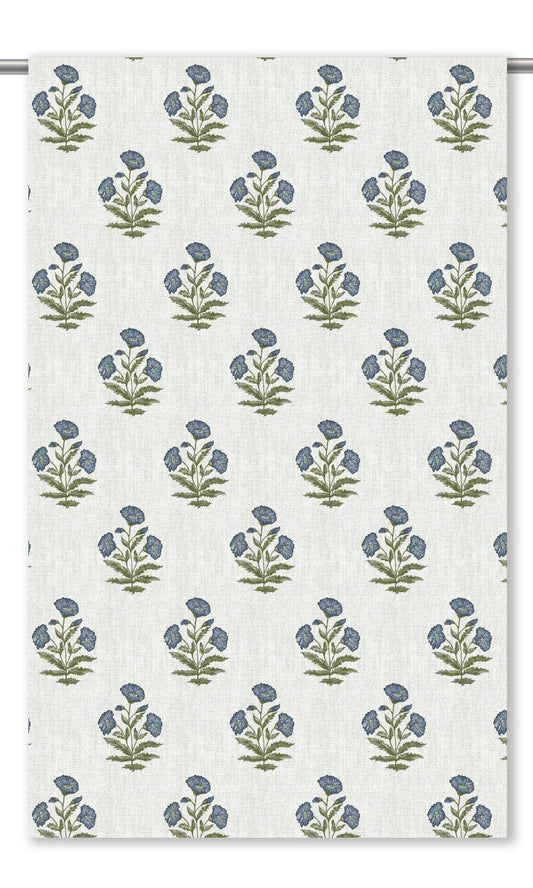 Floral Poppy Print Home Decor Fabric Sample (White/ Navy Blue)