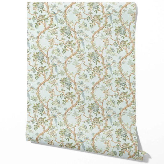 Floral/ Bird Print Chinoiserie Traditional Wallpaper (Duck Egg Blue/ Green/ Brown)