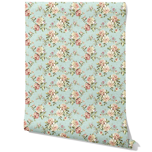 English Floral Patterned Traditional Wallpaper Sample (Blue/ Pink/ Green)