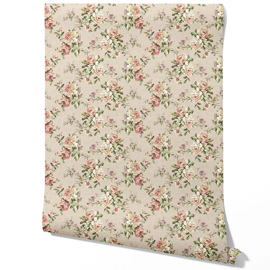 English Floral Patterned Traditional Wallpaper Sample (Beige/ Warm Grey/ Pink/ Green)