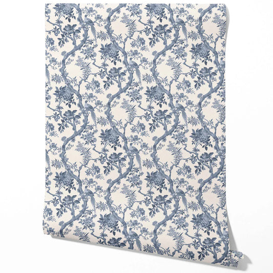 Floral Toile/ Bird Print Chinoiserie Traditional Wallpaper Sample (Navy Blue/ Off-White)