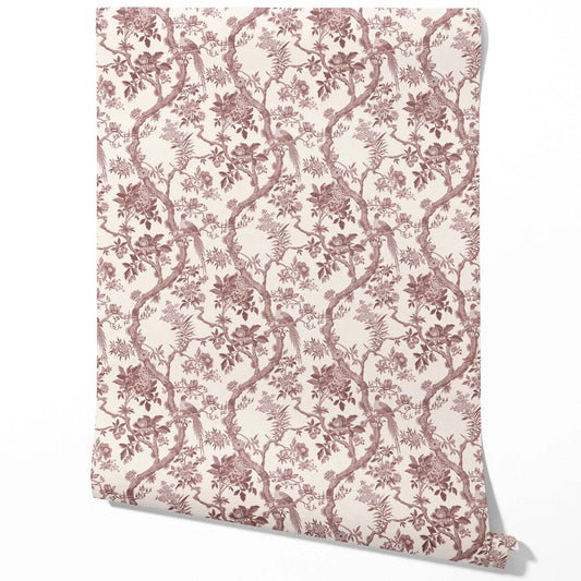 Floral Toile/ Bird Print Chinoiserie Traditional Wallpaper Sample (Brick Red/ Burgundy)