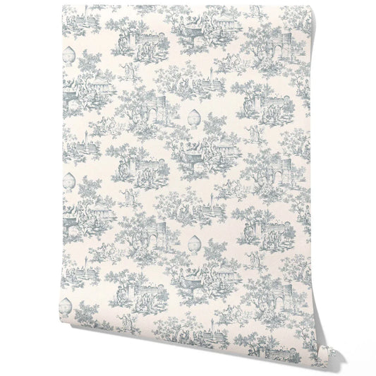 Toile de Jouy/ Nature Print Traditional Wallpaper (Blue/ Gray/ Off-White)
