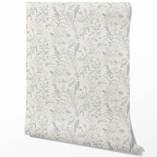 Birds Print/ Botanical Traditional Wallpaper Sample (Duck Egg Blue/ Off-White)
