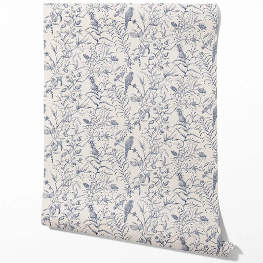 Birds Print/ Botanical Traditional Wallpaper (Navy Blue)