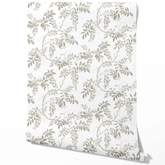 Neutral Floral Vine/ Botanical Traditional Wallpaper Sample (Grey/ Greige/ White)