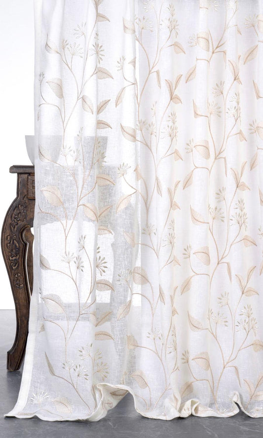 Sheer Floral Embroidered Drapes (White/ Beige)