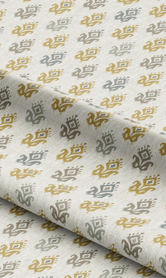 Ikat Paisley Block Print Home Decor Fabric Sample (Cream/ Mustard Yellow/ Blue-Gray)