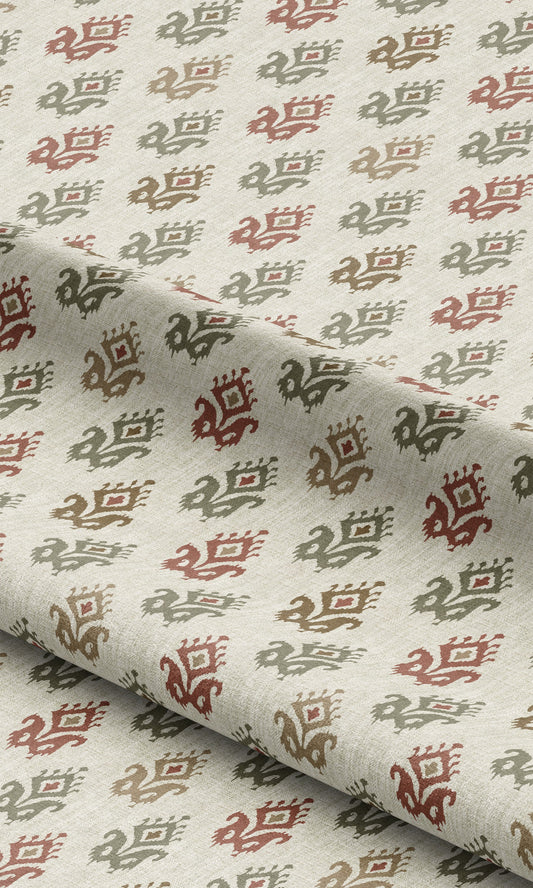 Ikat Paisley Block Print Home Decor Fabric Sample (Cream/ Maroon Red/ Sage Green)