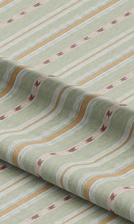Striped Home Decor Fabric By the Yard (Soft Green/ Orange/ Brick Red)