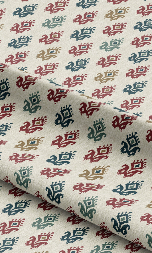 Ikat Paisley Block Print Curtain Panels (Cream/ Maroon Red/ Indigo Blue)