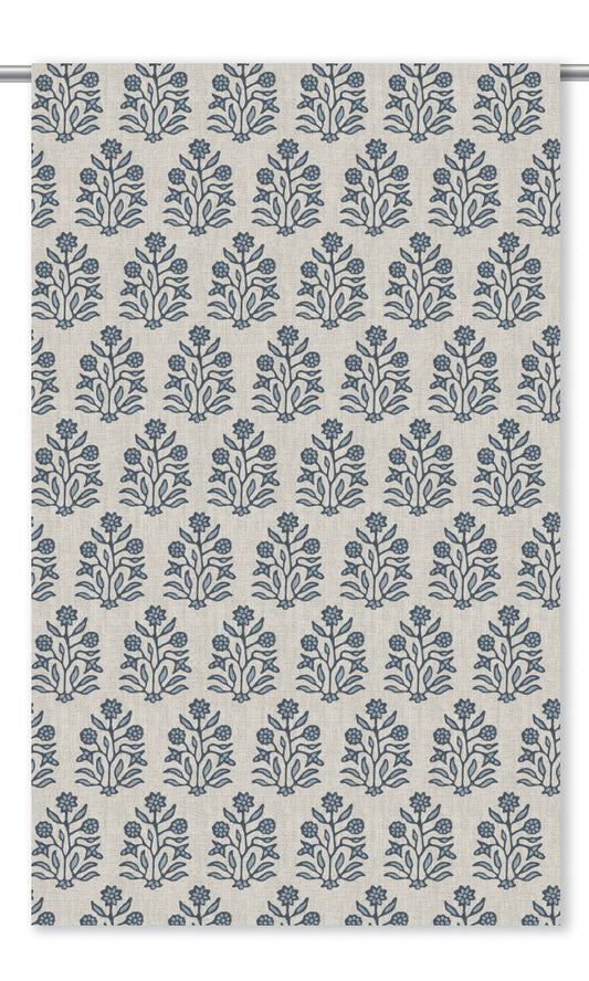 Floral Block Print Roman Shades (Cream/ Navy Blue)