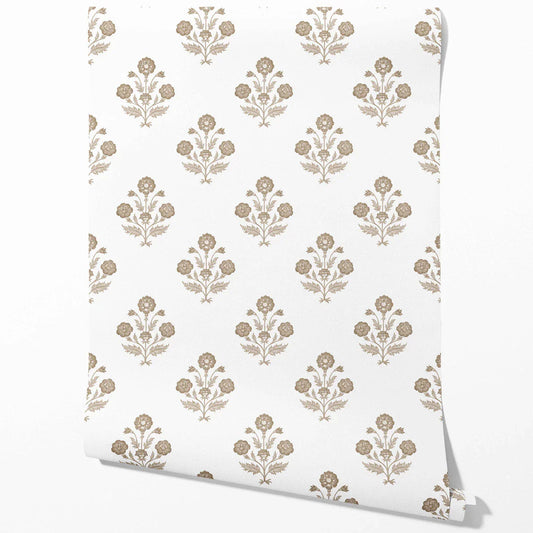Neutral Floral Block Print Traditional Wallpaper Sample (Brown/ White)