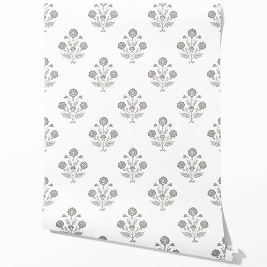 Neutral Floral Block Print Traditional Wallpaper Sample (Stormy Gray/ Taupe/ White)