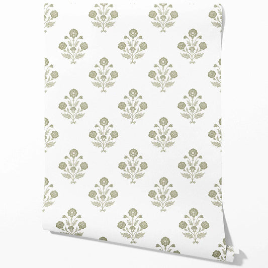 Floral Block Print Traditional Wallpaper Sample (Olive Green/ White)