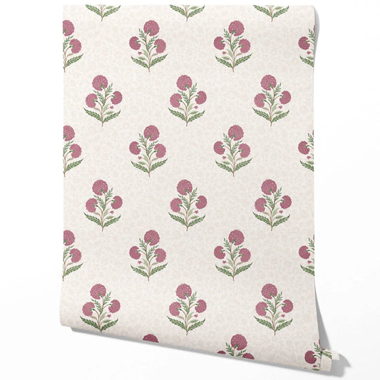 Floral Block Print Traditional Wallpaper Sample (Pink/ Green/ Soft Taupe)