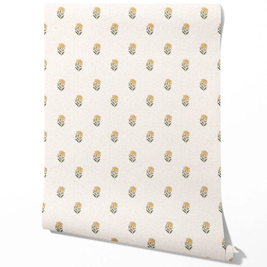Botanical/ Floral Block Print Traditional Wallpaper Sample (Yellow/ Green/ Taupe)