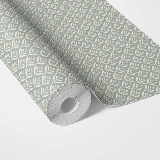 Small Floral Lattice/ Leaf Textured Traditional Wallpaper Sample (Green-Gray)