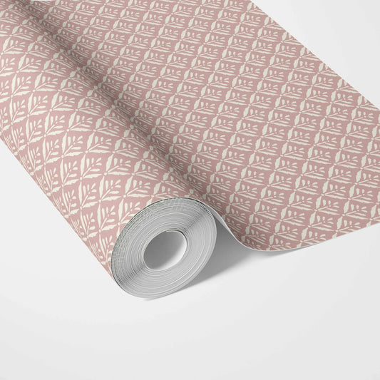 Small Floral Lattice/ Leaf Textured Traditional Wallpaper (Dusty Pink/ Off-White)