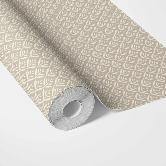 Neutral Small Floral Lattice/ Leaf Textured Traditional Wallpaper Sample (Beige/ Light Brown/ Off-White)