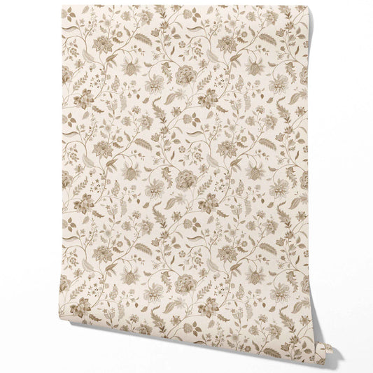 Neutral Floral/ Botanical Patterned Traditional Wallpaper Sample (Beige/ Brown/ Soft Taupe)