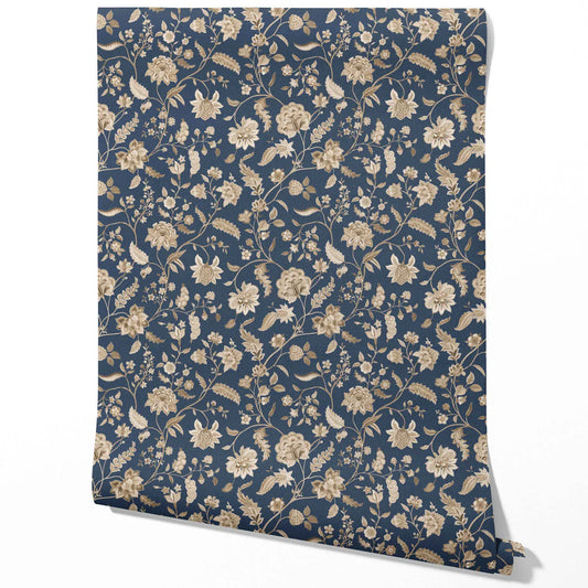 Floral/ Botanical Patterned Traditional Wallpaper Sample (Navy Blue/ Beige)