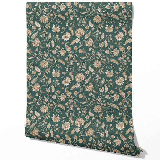 Floral/ Botanical Patterned Traditional Wallpaper (Emerald Green/ Beige)