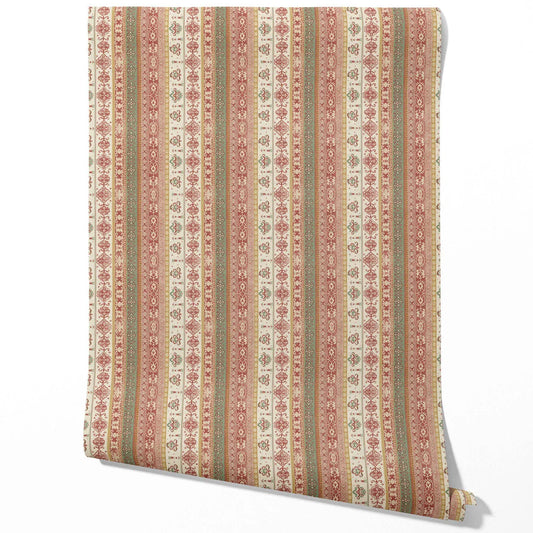 Vintage Bohemian Striped Traditional Wallpaper Sample (Red/ Orange/ Green/ Yellow/ Brown)