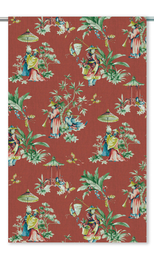 Chinoiserie Floral Home Decor Fabric By the Yard (Brick Red/ Green)