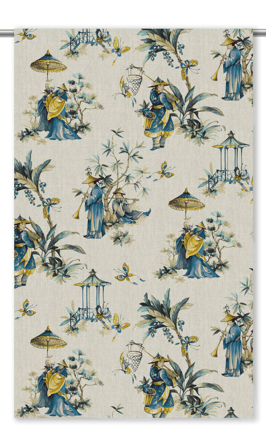 Chinoiserie Floral Home Decor Fabric By the Yard (Parchment Cream/ Aegean Blue)