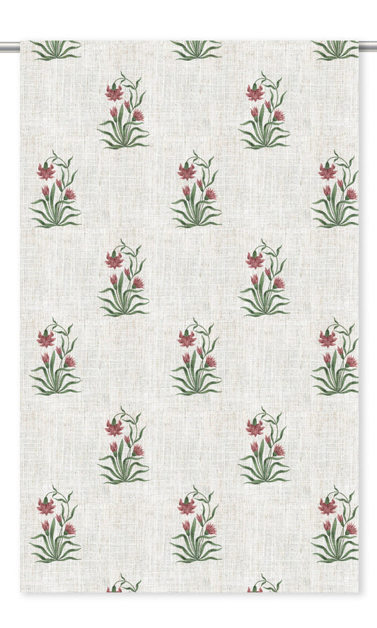 Floral Block Print Curtain Panels (Cream/ Burgundy Red/ Green)