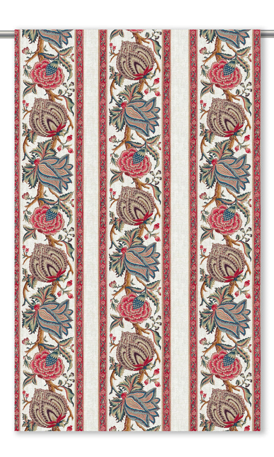French Floral Stripes Home Decor Fabric By the Yard (Coral Red/ Blue/ Greige)
